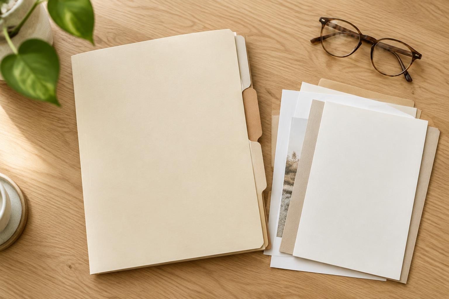 A tidy folder of home documents on an oak table