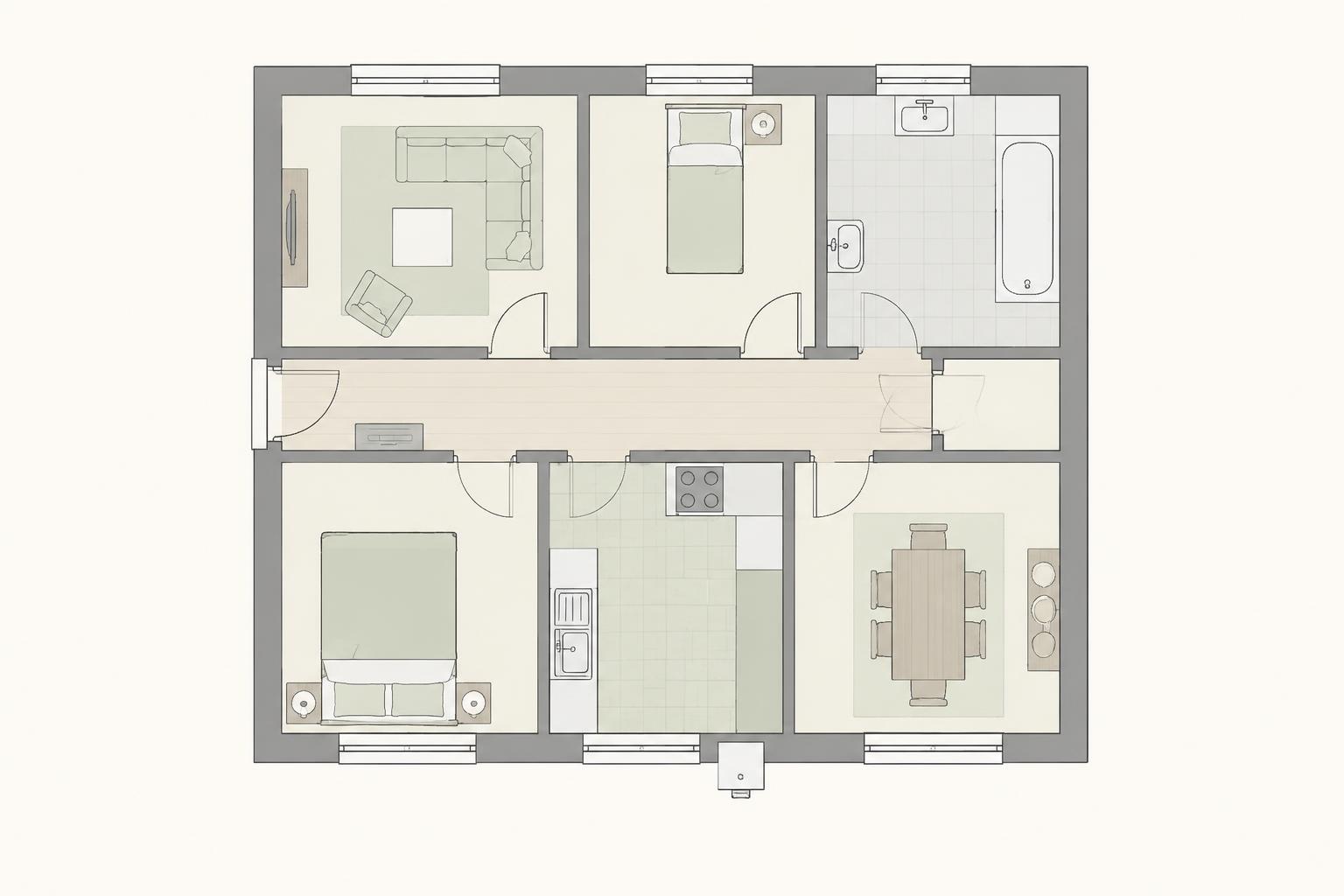Bird's-eye floor plan of a home with markers for the roof, electricity, bathroom and boiler